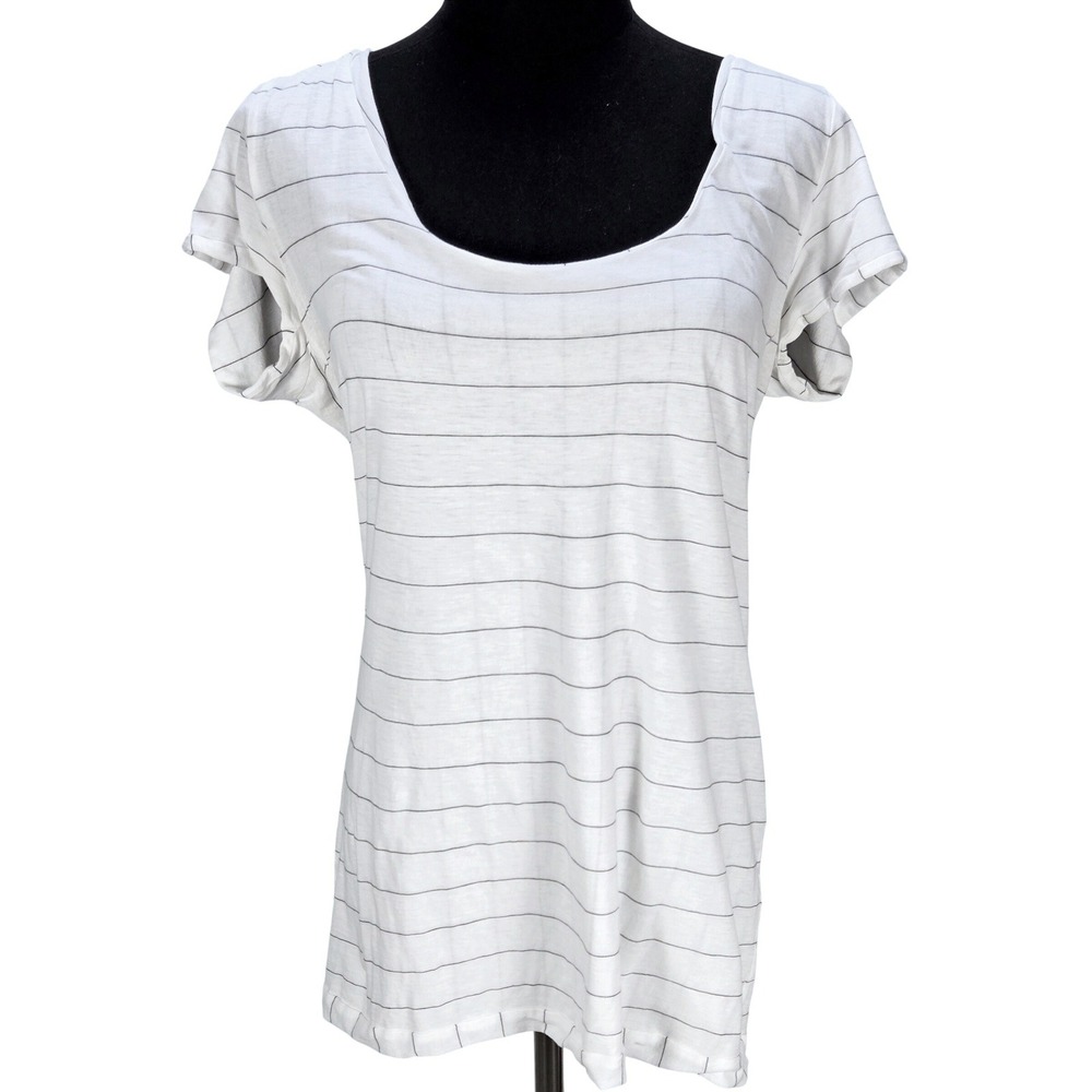 Women's Theory Large White Striped Scoop Neck Short Sleeve Cotton Shirt‎ Preppy